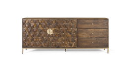 GINER Y COLOMER - Buffet 2 portes 3 tiroirs en bois de manguier et métal, finition noyer et doré, 190x40x77 cm